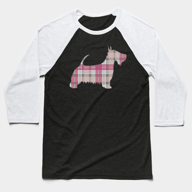 Pink, Grey and White Tartan Scottish Terrier Dog Silhouette Baseball T-Shirt by MacPean